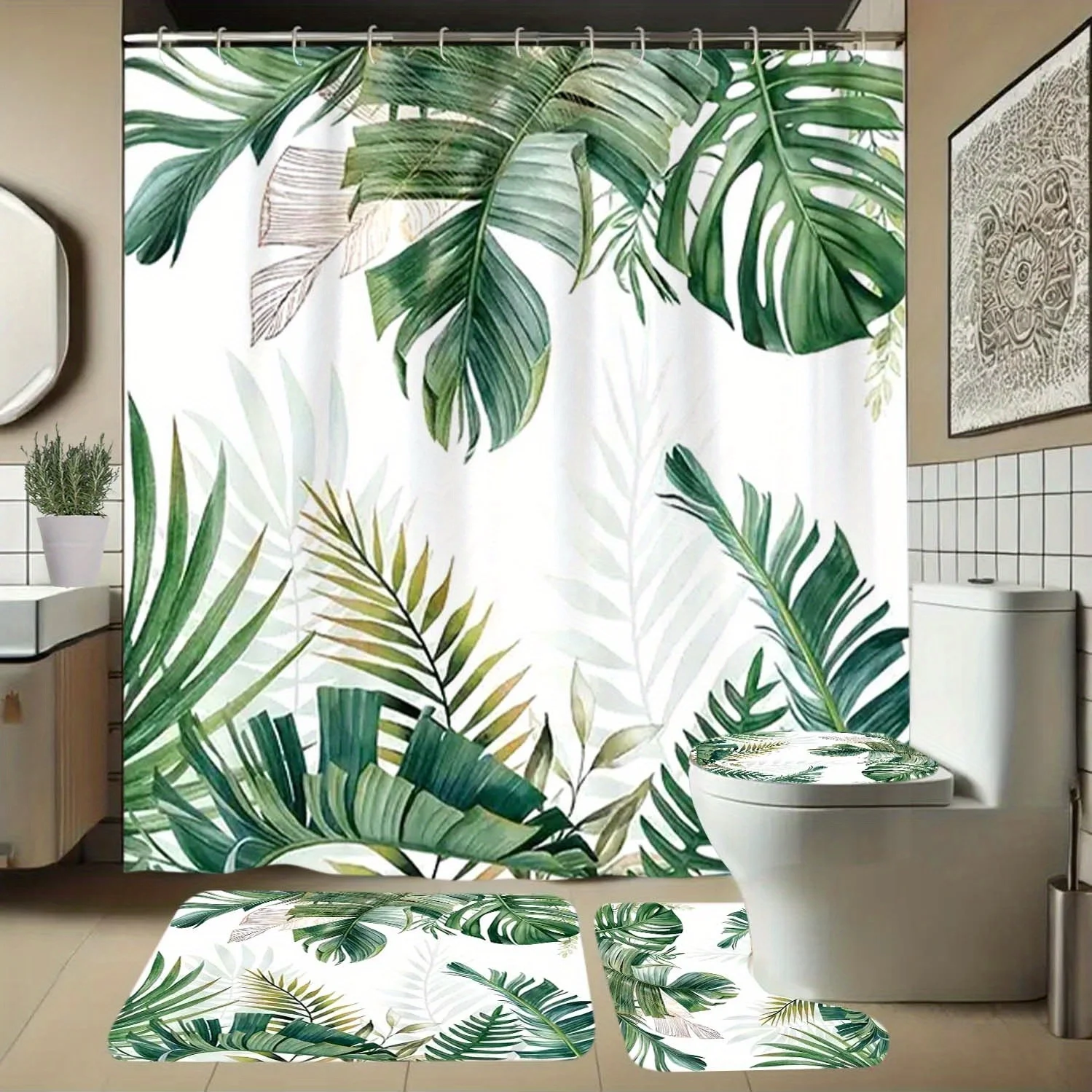 4-piece tropical home decor, green leaves, plant pattern hook shower curtain, bathroom partition curtain, machine washable