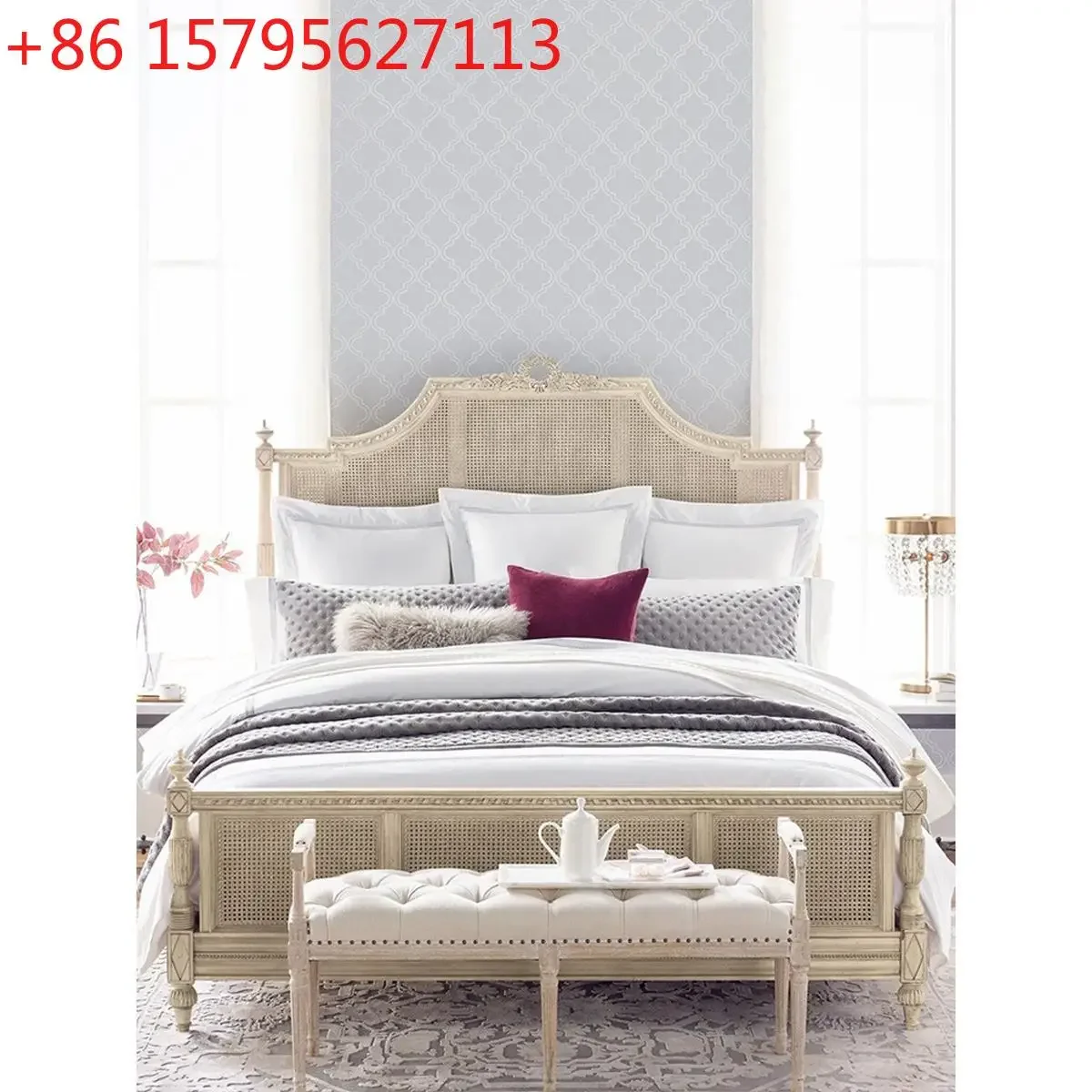 American light luxury full solid wood bed 1.8 meters master bedroom double bed 1.5 modern simple French retro rattan bed
