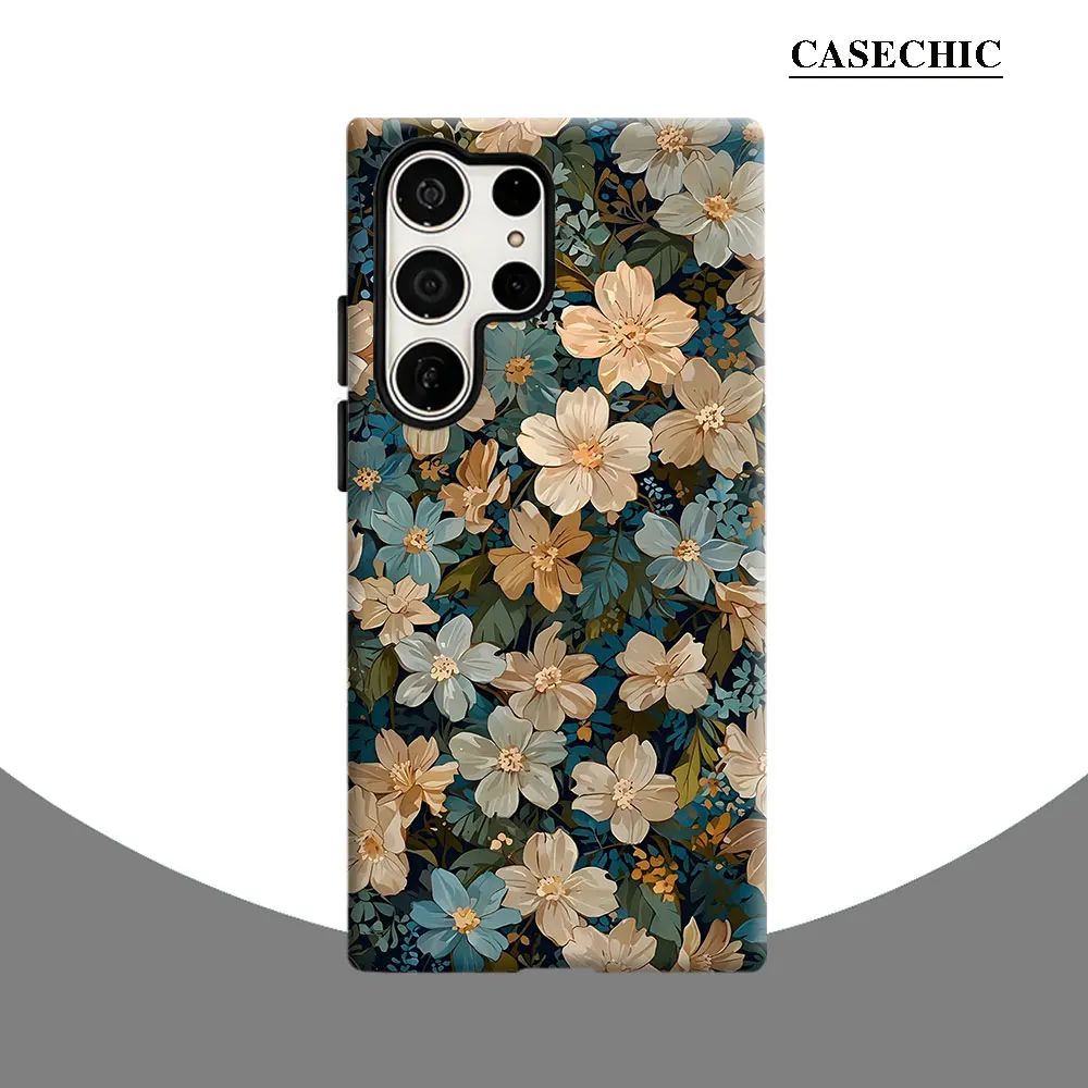 Retro Blue Beige Flower Phone Case for Samsung Galaxy S26 S25 Ultra S24 S23 Ultra Plus Shockproof Double layer tough Back Cover