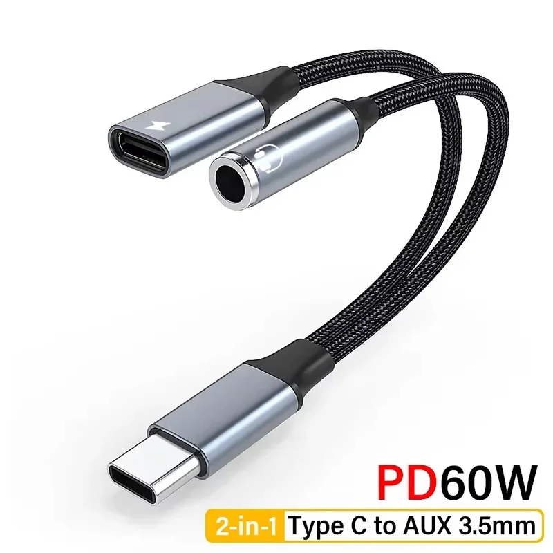 2 In 1 USB Type C to 3.5mm Headphone Audio Aux Jack Adapter PD 60W Fast Charging Cable For iPhone 15 Serie Samsung Huawei Xiaomi