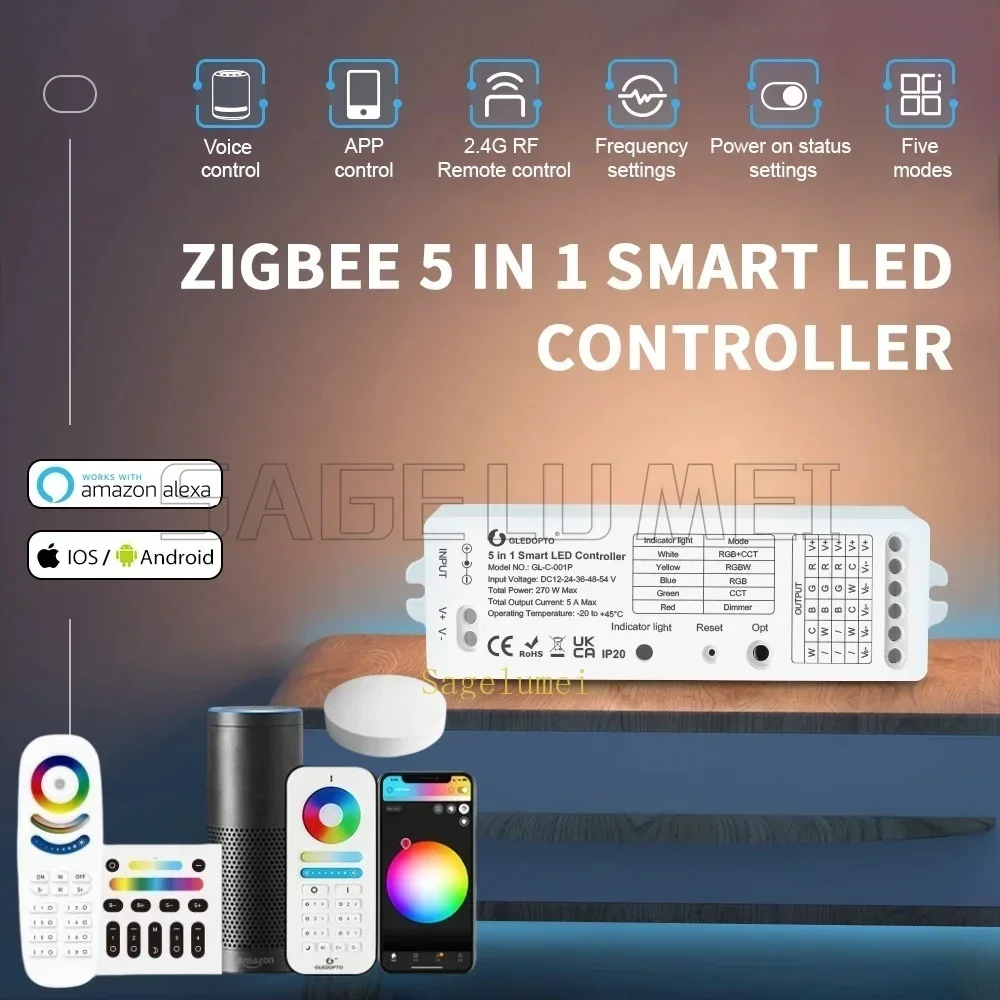 Zigbee3.0 5in1 RGBCCT/RGBW/RGB/ CCT/Dimmer GL-C-001P Gledopto DC12-54V LED Strip Controller Compatible With APP/Voice/RF Control