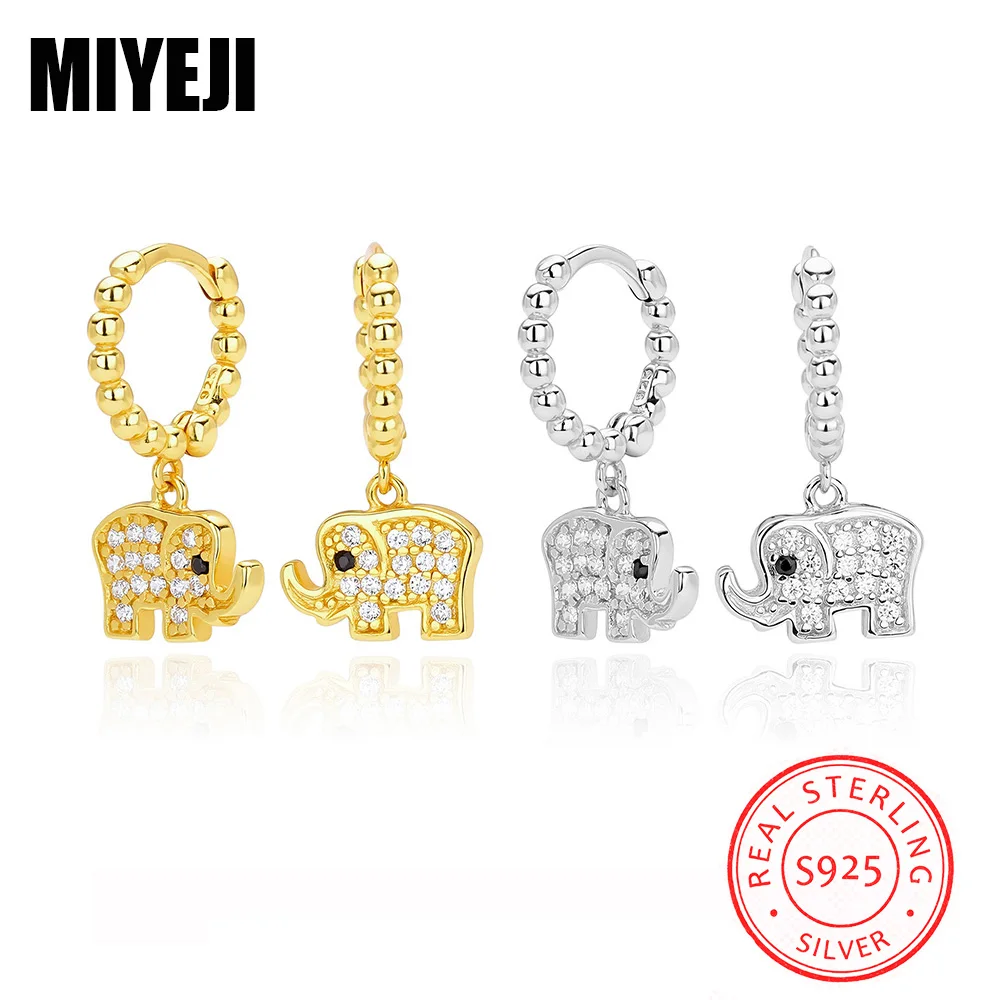 MIYEJI Real S925 Sterling Silver Bead Round Zircon Cute Elephant Pendant Animal Hoop Earrings For Women Classic Fine Jewelry