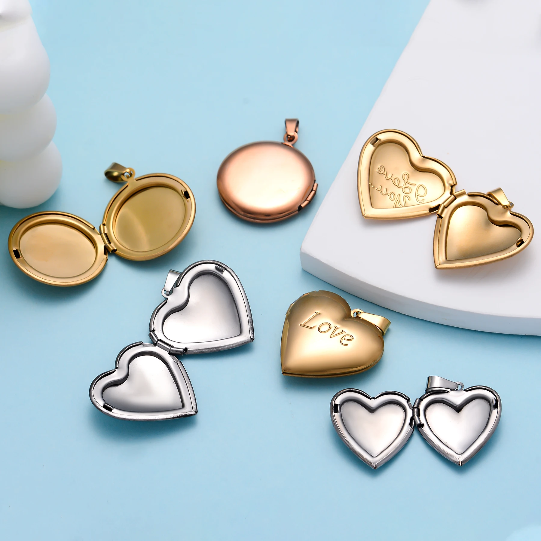5Pcs Stainless Steel Heart/Round Polish Photo Frame Locket Pendant Charms For Jewelry Making Supplies DIY Accessories - view 5