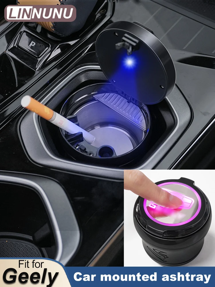 LINNUNU Car Ashtray Detachable Portable with Blue LED Light, Stainless Cigarette Ashtray fit for Geely KX11 Monjaro Manjaro 2024