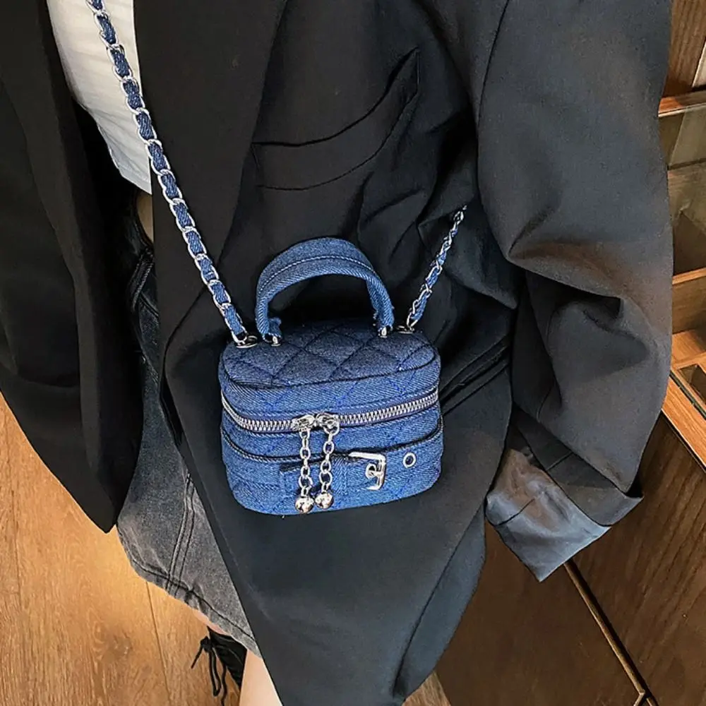 Chain Lingge Denim Bucket Bag Simple Shoulder Bag Crossbody Bag Denim Crossbody Bag Small Handbag Lingge Shoulder Bag Girl