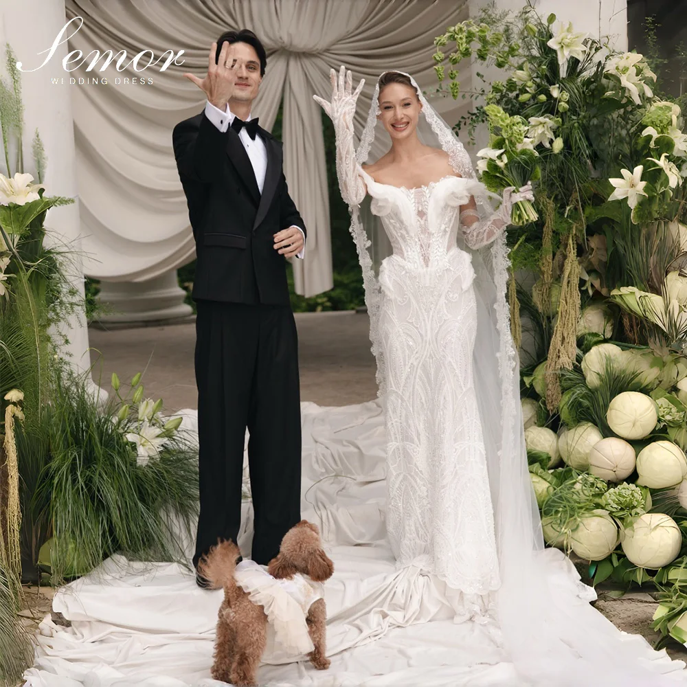 Semor Luxury Beaded Lace Mermaid Wedding Dress Off Shoulder 3D Feather Details Backless Bridal Gown For Garden Wedding Customize