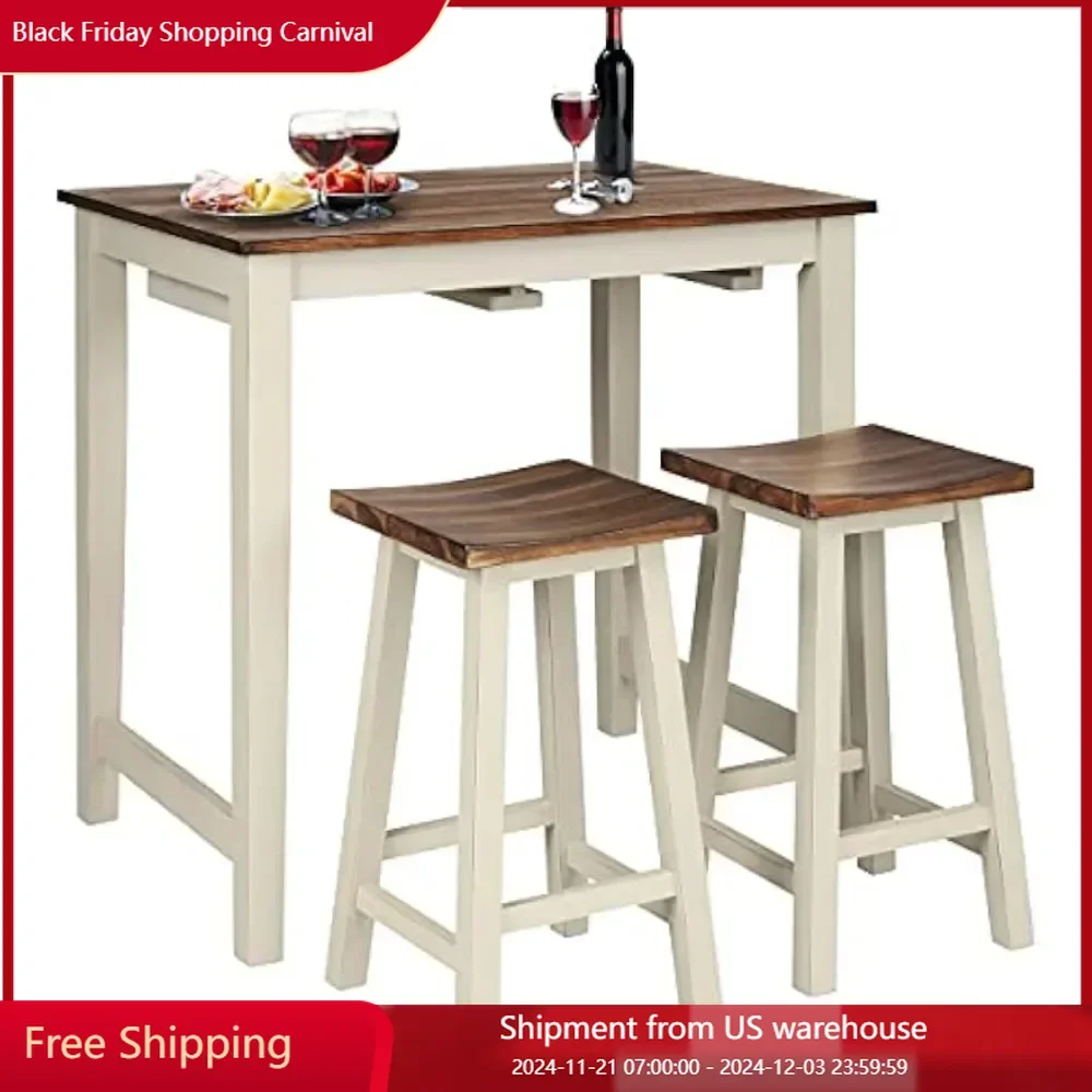 Bar table set, 3-piece counter height breakfast table with 2 saddle bar stools, 13 