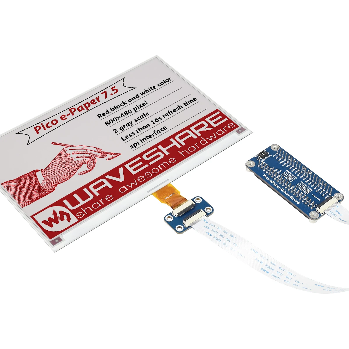 

Модуль дисплея Waveshare 7,5 дюйма E-Paper E-Ink (B) для Raspberry Pi Pico 800X480, красный/черный/белый SPI