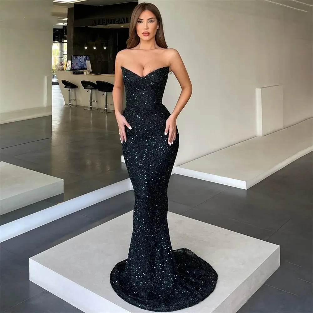 Customized Black Mermaid Evening Dresses 2024 Strapless V Neck Shiny Bodycon Dubai Prom Dress Arabia Backless Bride Party Gowns