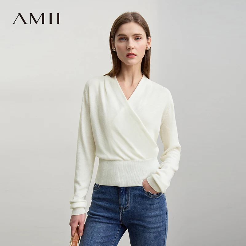 

Женский свитер Amii, весна 2026, новый французский элегантный пуловер с v-образным вырезом, вязаный женский топ с длинными рукавами 12641001
