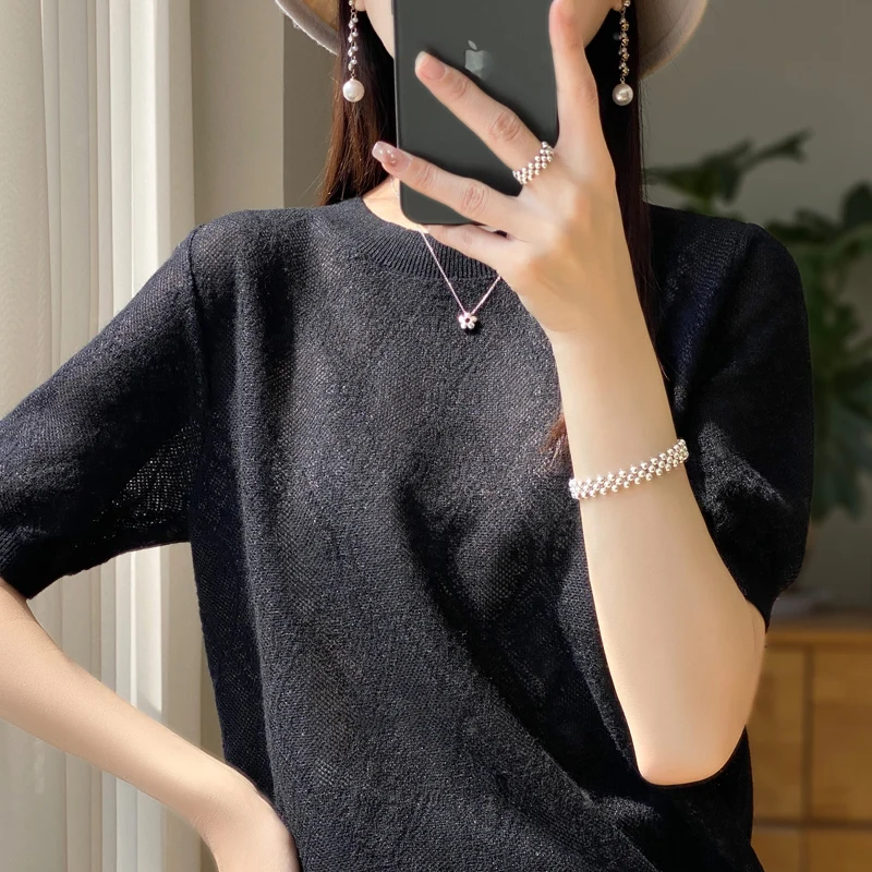 23Summer new 100% wool worsted women's short-sleeved heavy industry exquisite pattern women's bottoming crocheted sweater thin