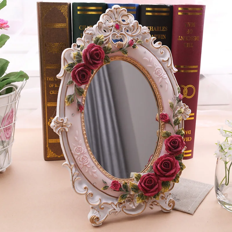 

1pc Makeup Mirror Desktop Standing Red Rose European Style Luxurious Mirror for Wedding Gift Home Decorator Large Desk Mirror
