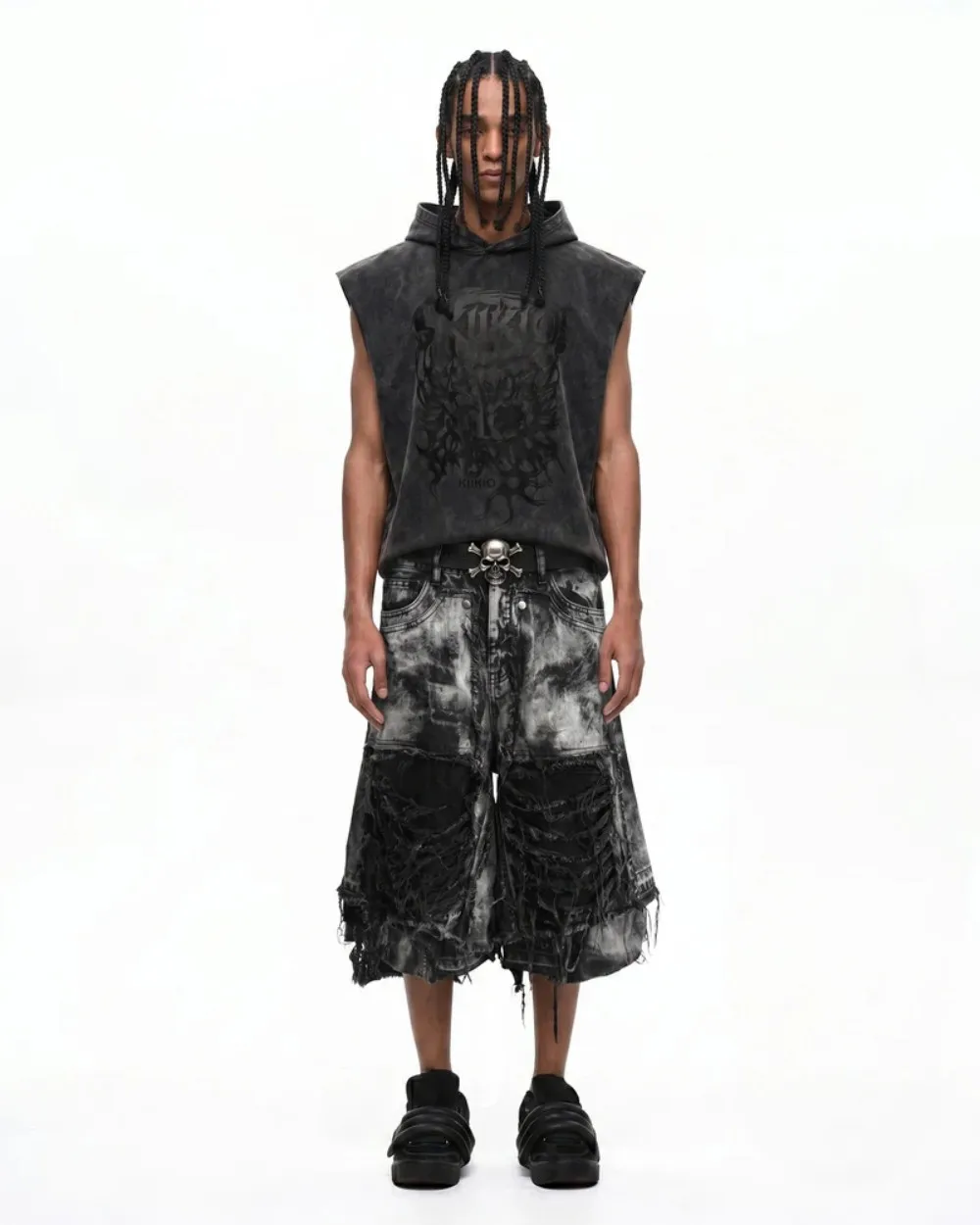 High Street Men's Fake Two Double Layered Seven Quarter Jeans Brushed Edges Wasteland Style Wide Leg Mid Length Pants