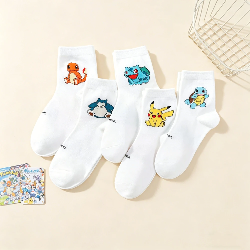 5 Paar neuartige Cartoon-Pokémon-Baumwoll-Graffiti-Damen-Mittellange Socken im College-Stil, personalisierte weiße Freizeitsocken für Studenten – Detail 4
