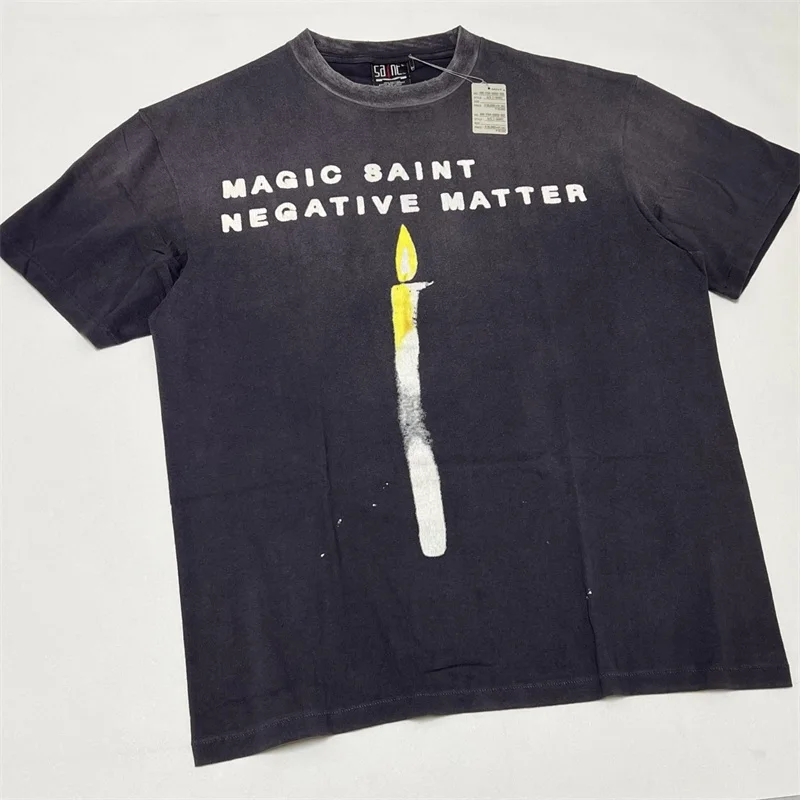 Black Washed SAINT MICHAEL CANDLE Tee Men Women 1:1 Best Quality Causal Oversized T-Shirts