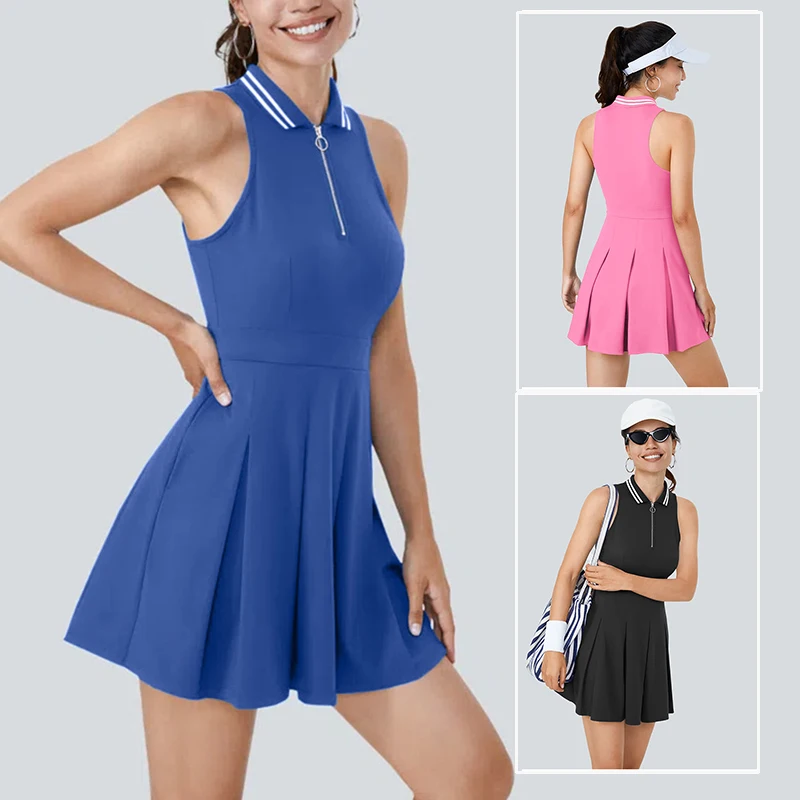 

Летние теннисные платья с воротником-поло на молнии, женские спортивные теннисные юбки без рукавов для тренировок, женское тонкое платье для гольфа с шортами