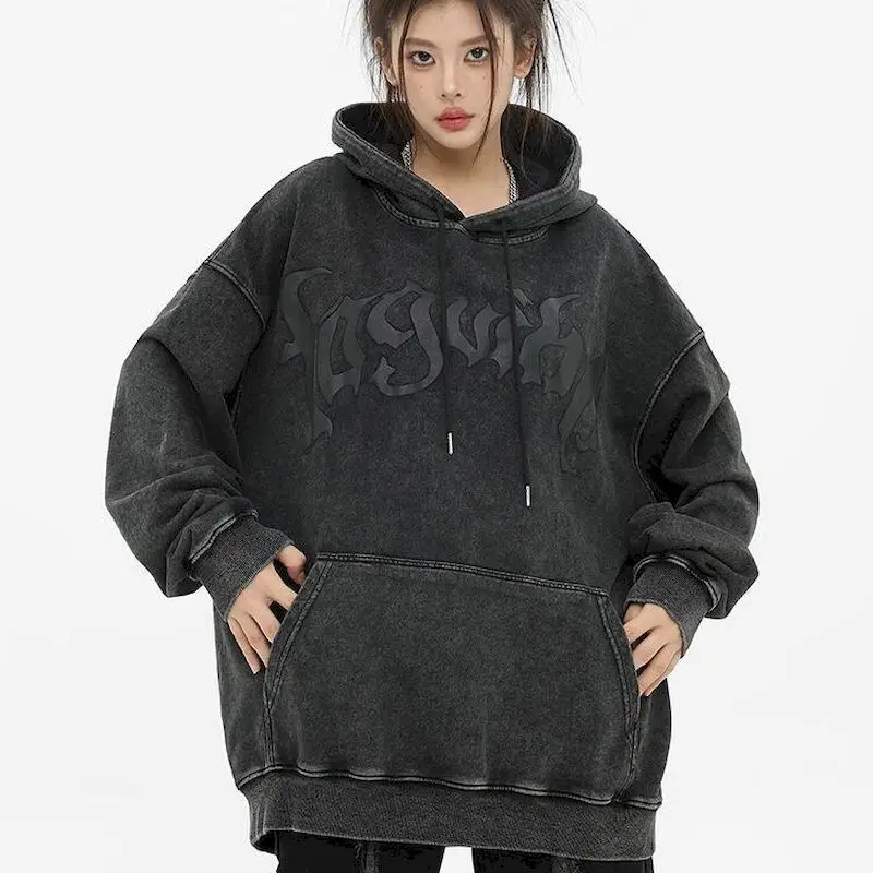 Oversized Hoodies for Women Men American Vintage Letter Hooded Sweatshirt High Street Couple Plush Hooded Coat Spring Autumn Top