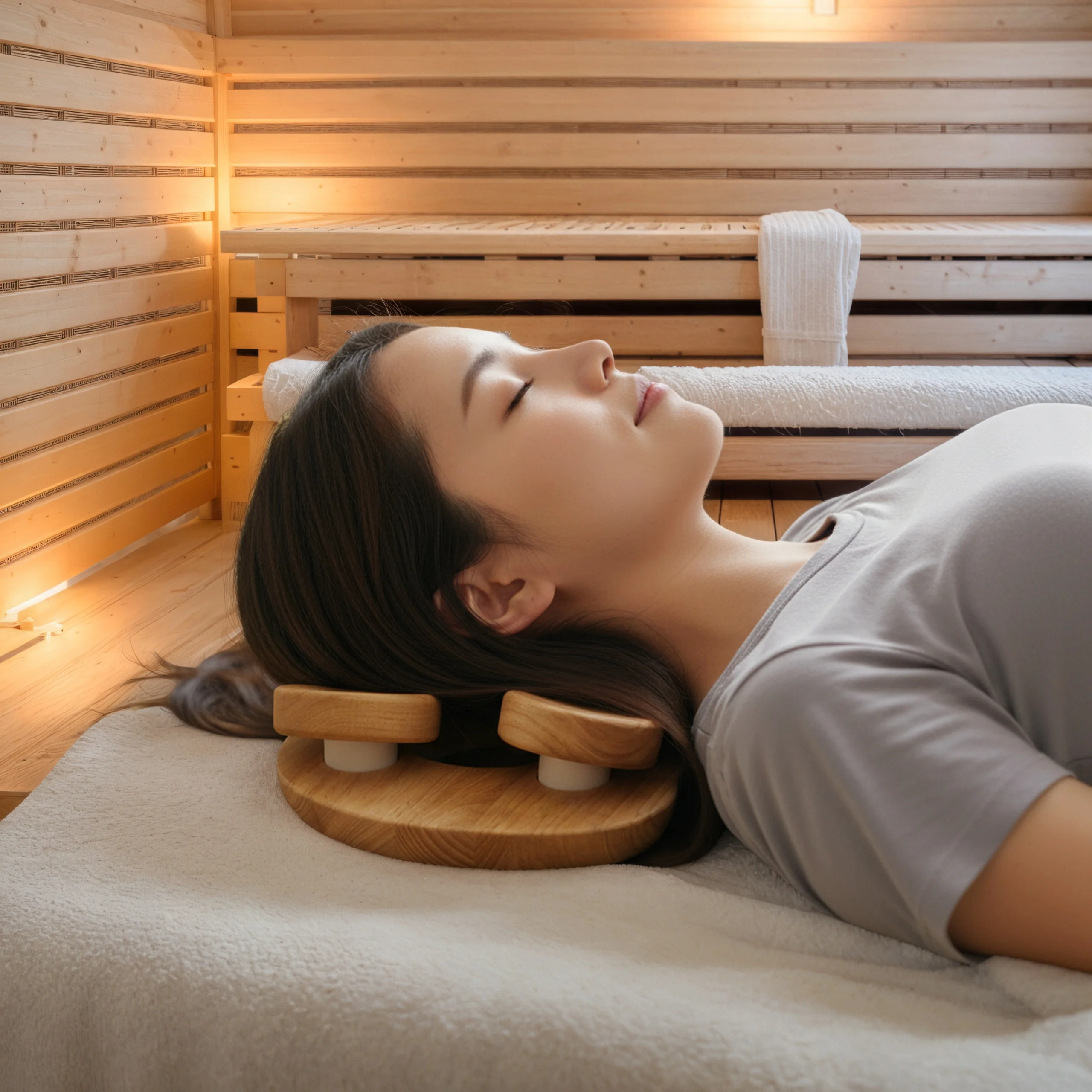 مسند رأس ساونا خشبي مع قرص قابل للدوران، ملحق ساونا