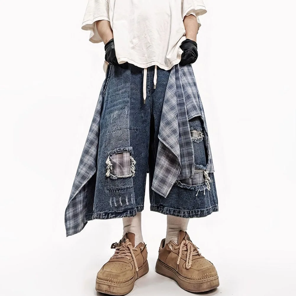 ARENS Men Patchwork Baggy Denim Shorts Wide Leg Streetwear American Vintage Fashion Casual Bottoms Washed Denim Shorts