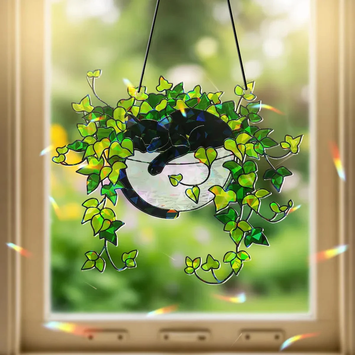 Black Cat In Plant Pot Hanging Decor Colorful Acrylic Suncatcher Flower Pot Shape Pendant Window Ornament for Home & Garden Gift