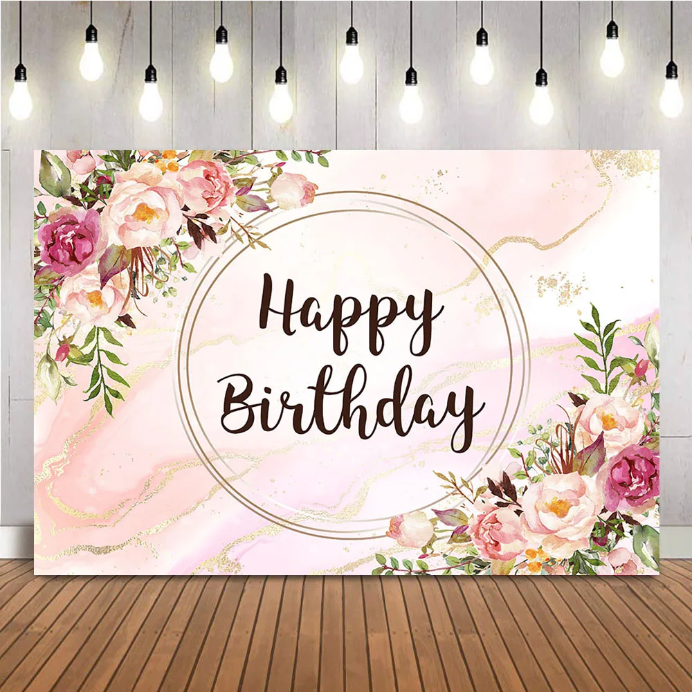 Happy Birthday Pink Flowers Photo Background Marble Texture Customize DIY Photo Booth Backdrop Floral Birthday Decoration Banner