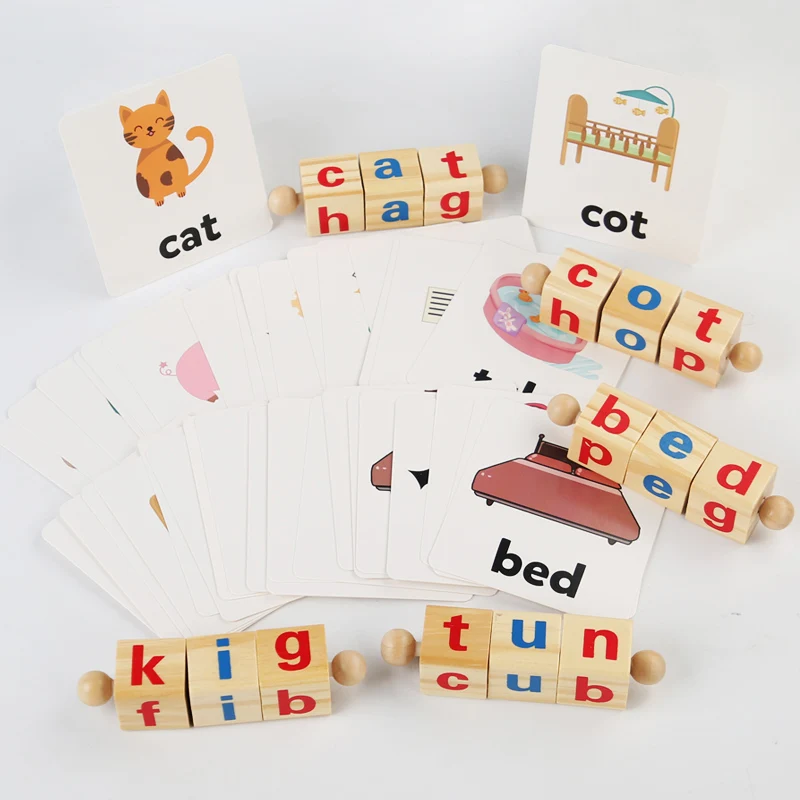 Wooden Word Spelling Game Alphabet Learning Toys for Preschool Boys and Girls Letters Reading Building Blocks Game with 24 Cards