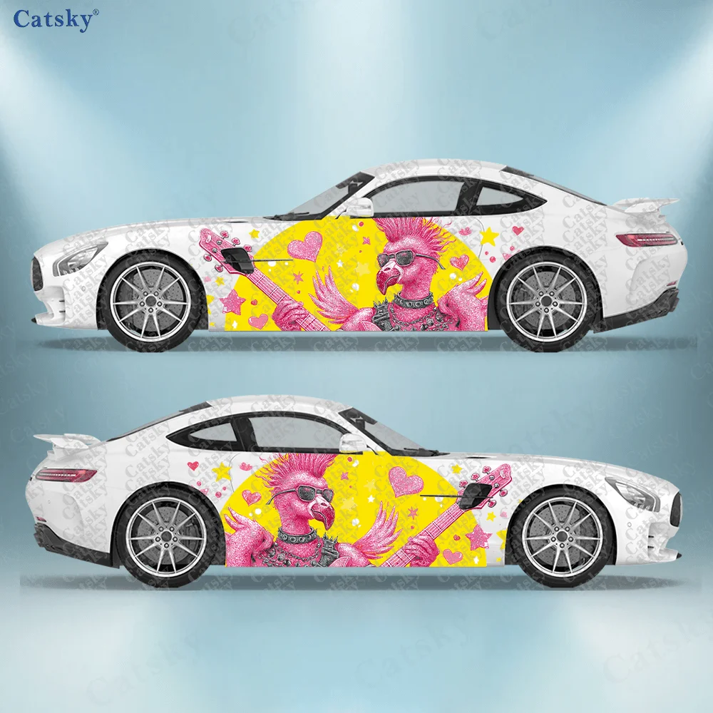 

2pcs Rockabilly Style Flamingo Car Vinyl Wrap, PVC Material Waterproof Side Car Sticker, Self-Adhesive Scratch-Resistant Sticker