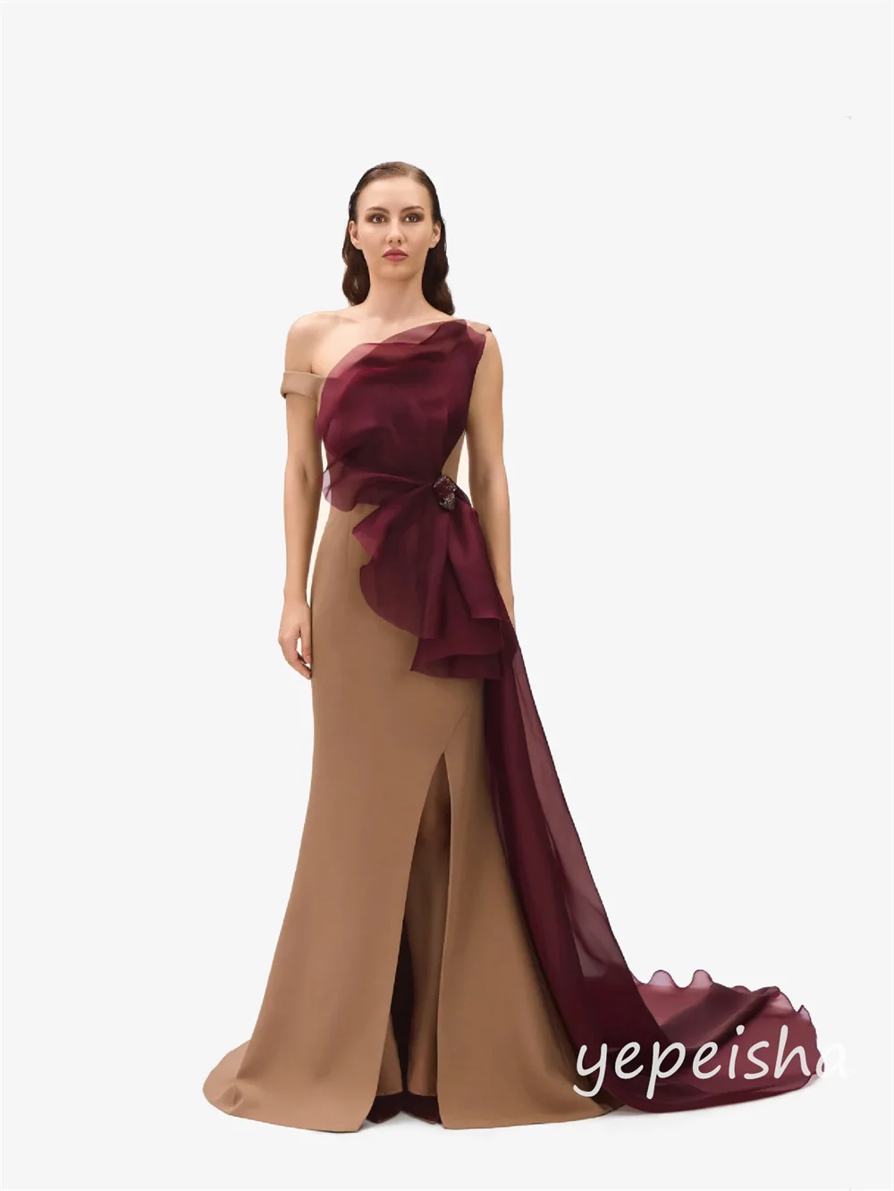 Customized Brown Modern Style Jersey Pleat Ruched Beading Sequined Mermaid Off-the-shoulder Long Dresses Evening Dresses Fashion image 2
