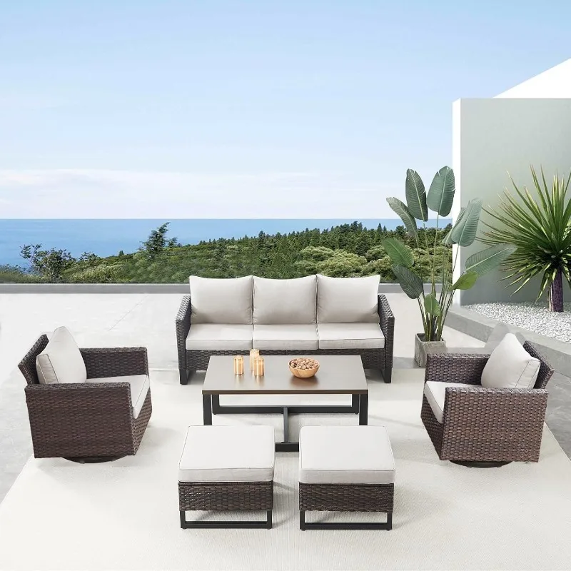 6 Piece Outdoor Furniture Patio Wicker Sofa Set, Oversize Outdoor Swivel Rocker Chairs with Rattan Ottomans