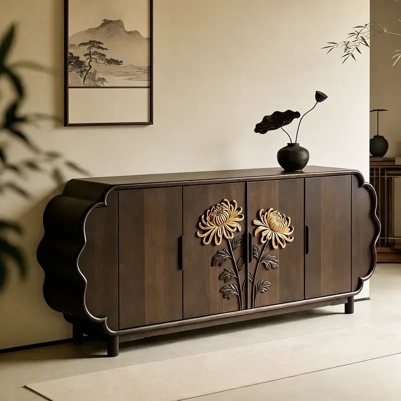 New Chinese Style Black Walnut Solid Wood Entryway Table Dining Side Cabinet Song Aesthetic Chrysanthemum Carving Storage