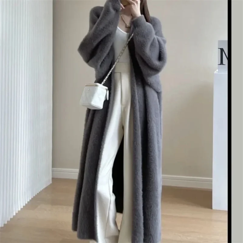 Imitation Mink Long Cardigan Women Fall Winter Loose Soft Sweater Casual Gilet Elegant Fluffy Knitwear Jackets Warm Knit Sweater