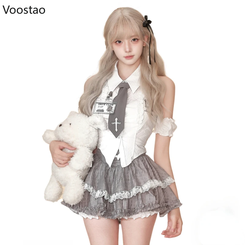 Kawaii Lolita Style 2 Piece Set Women Preppy Sweet White Shirt Tops Ruffle Mini Cake Skirt Suit Female Korean Gothic Y2k Outfits