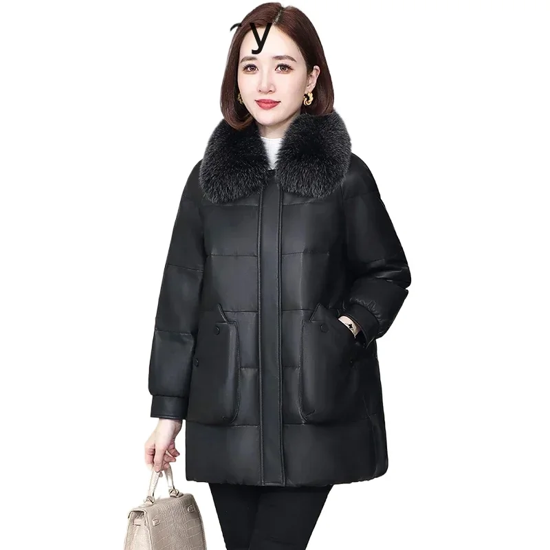 Top qualité véritable peau de mouton en cuir doudoune femmes hiver Style coréen chaud vers le bas manteaux de luxe col de fourrure de renard Casaco Feminino