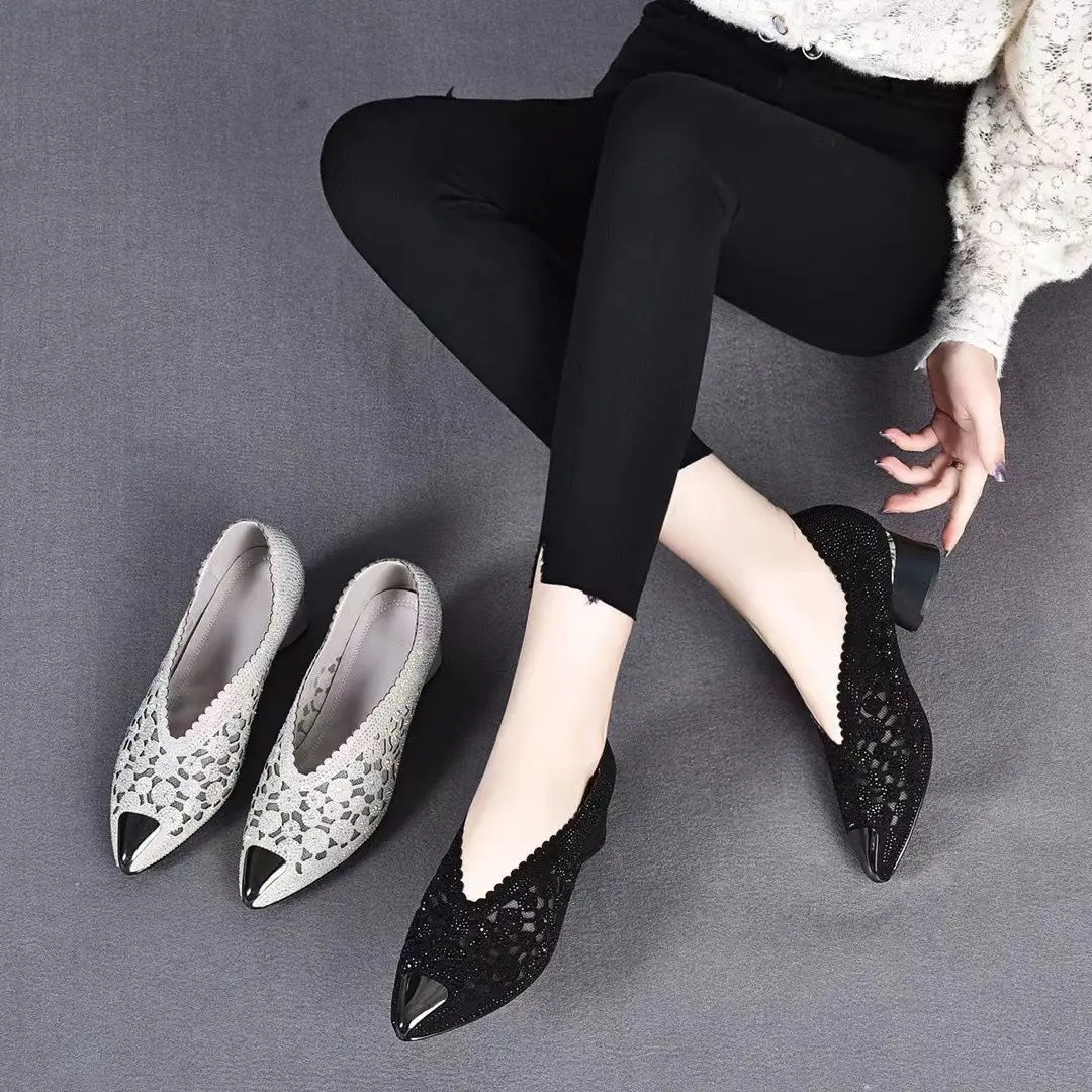 Plus Size women shoes 41-43 ladies comfy heart heeled short boots women summer cut-outs Slip-ons rhinestone sandals pointed toe