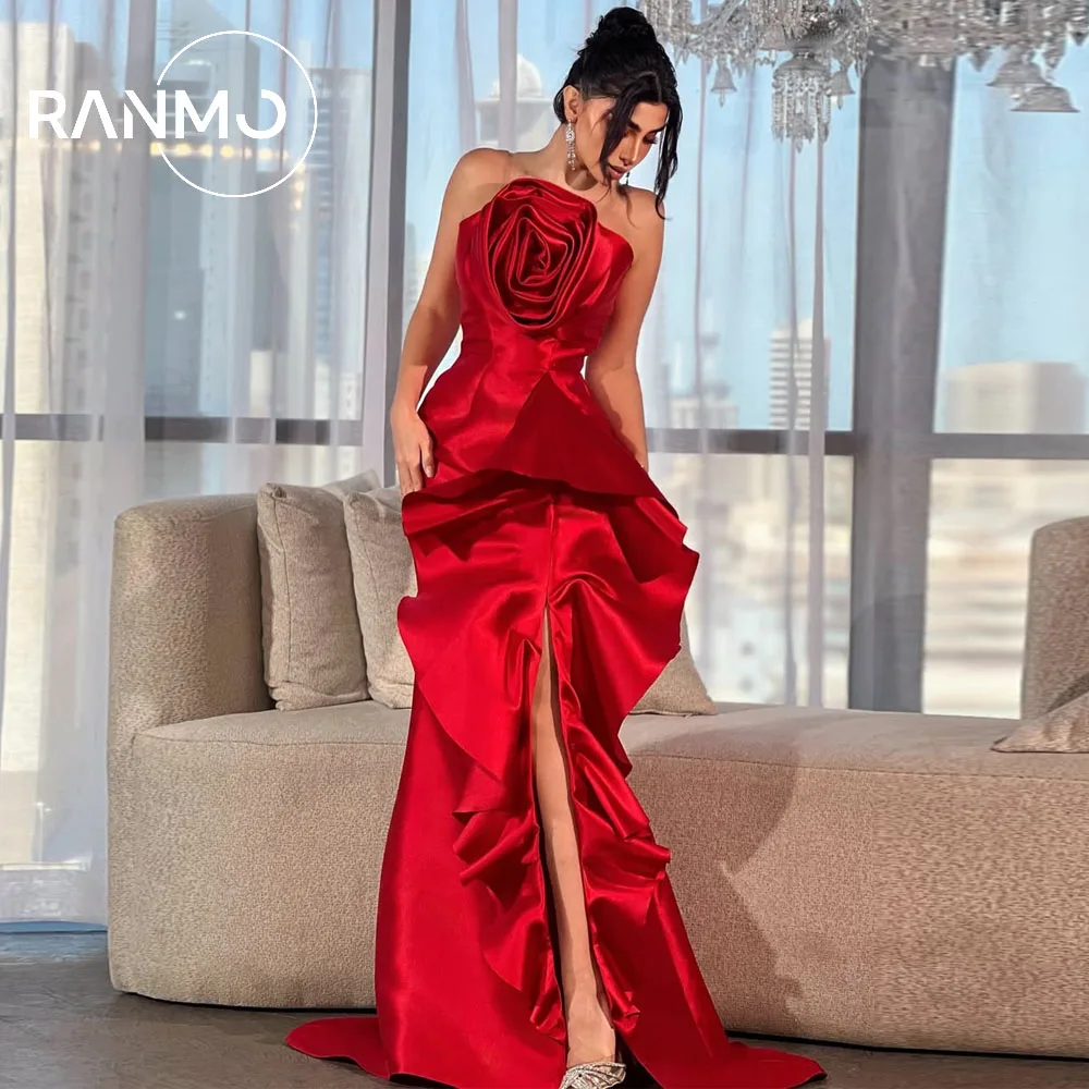 Suknie wieczorowe Ranmo, satynowe, czerwone, bez rękawów, z kwiatami 3D, rozcięciem z boku, o kroju syreny, proste, do ziemi, z falbanami, sukienki na studniówkę 2026