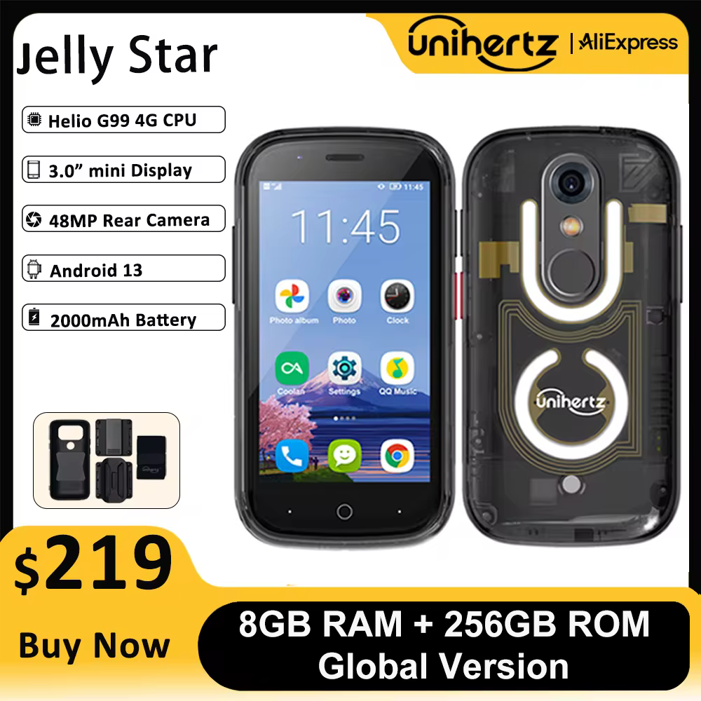 סמארטפון מיני Unihertz Jelly Star עם מערכת הפעלה אנדרואיד 13, 8GB זיכרון פנימי ו-256GB תאורת LED, פתיחה פתוחה, שקית אחורית שקופה, טלפון נייד 48MP