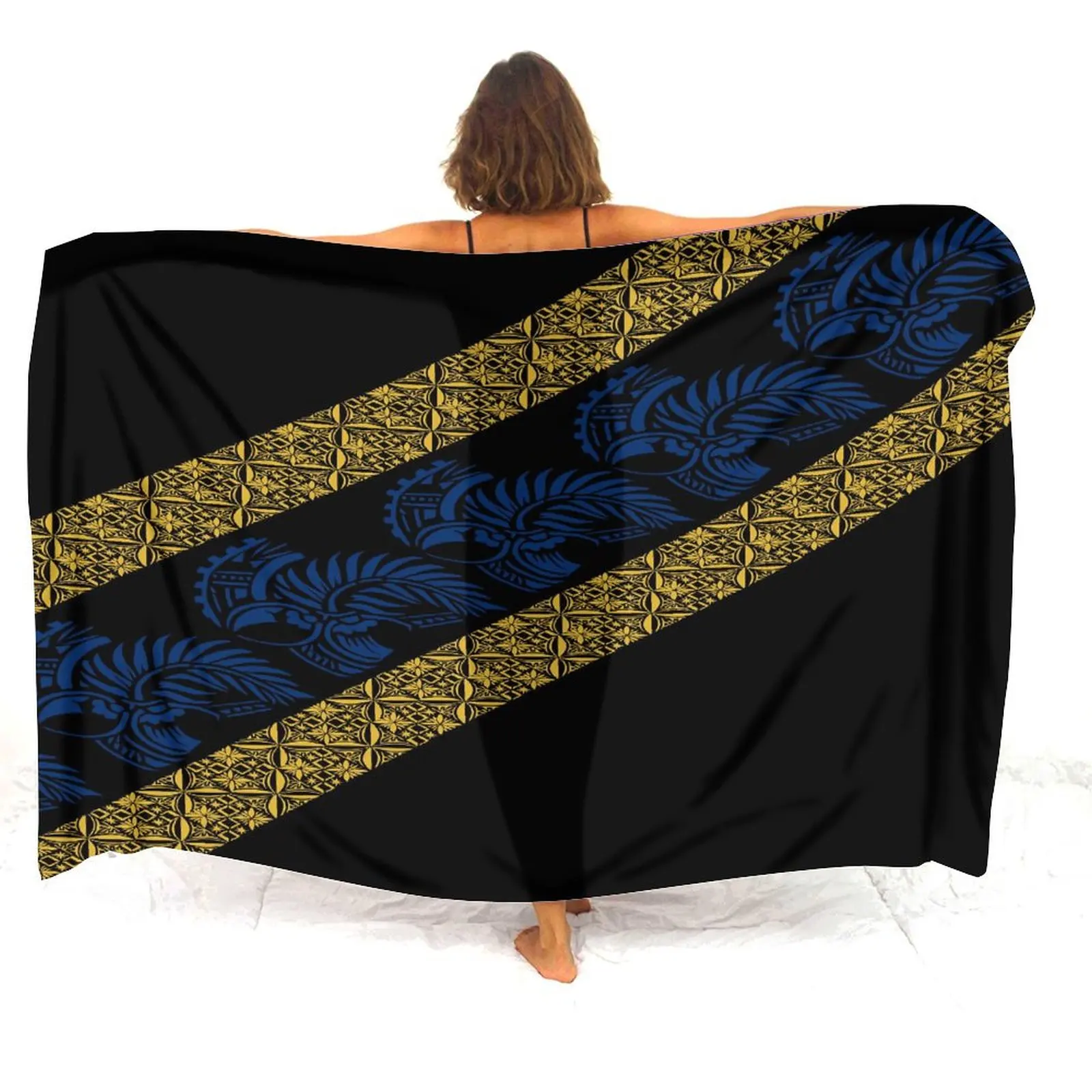 Green Bohemian style Pacific Island beach towel for women, Salone Polynesian tribal cape, Hawaii beach vacation towel