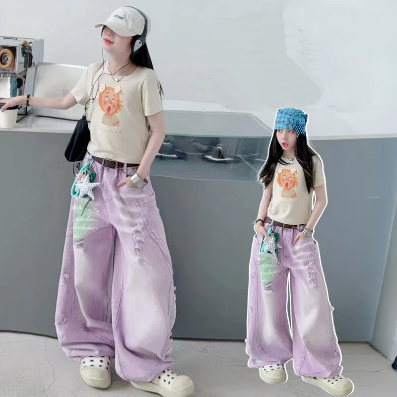 Purple Distressed Wide-Leg Denim Pants for Teenager Girls Summer Trendy American Retro Jeans Kids Straight Loose Trousers 4-14 Y
