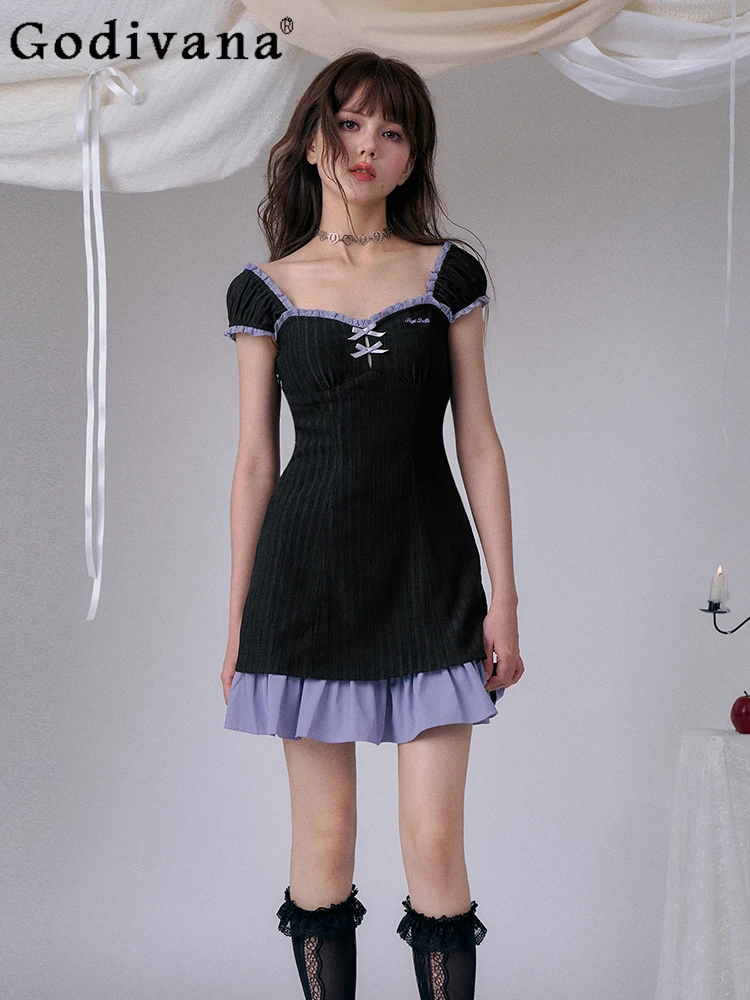 

Elegant Black Purple Lace Embroidered Sweet Short Suspender Dress Cute Girl Summer High Waist A-line Sleeveless Princess Dresses