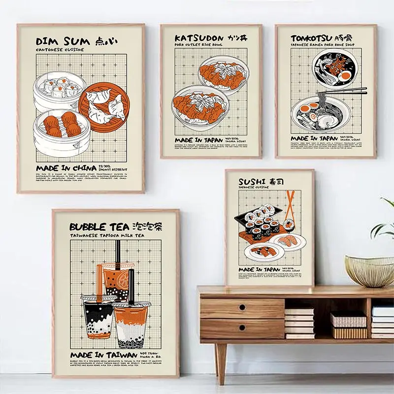 

Japanese Dim Sum Sushi Sashimi Ramen Wall Art Print Nostalgic Retro Food Trendy Modern Bubble Milk Tea Poster Home Kitchen Decor