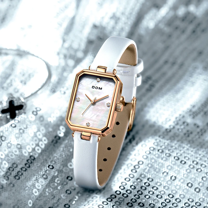DOM 1365 Women's Small Square Quartz Watch Fashion Elegant White Leather Pointer Diamond Wristwatches for Ladies Watches Gift