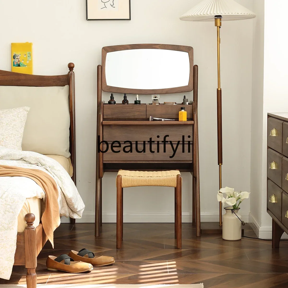 

yj32 Dresser black walnut solid wood modern simple bedroom storage small apartment makeup table