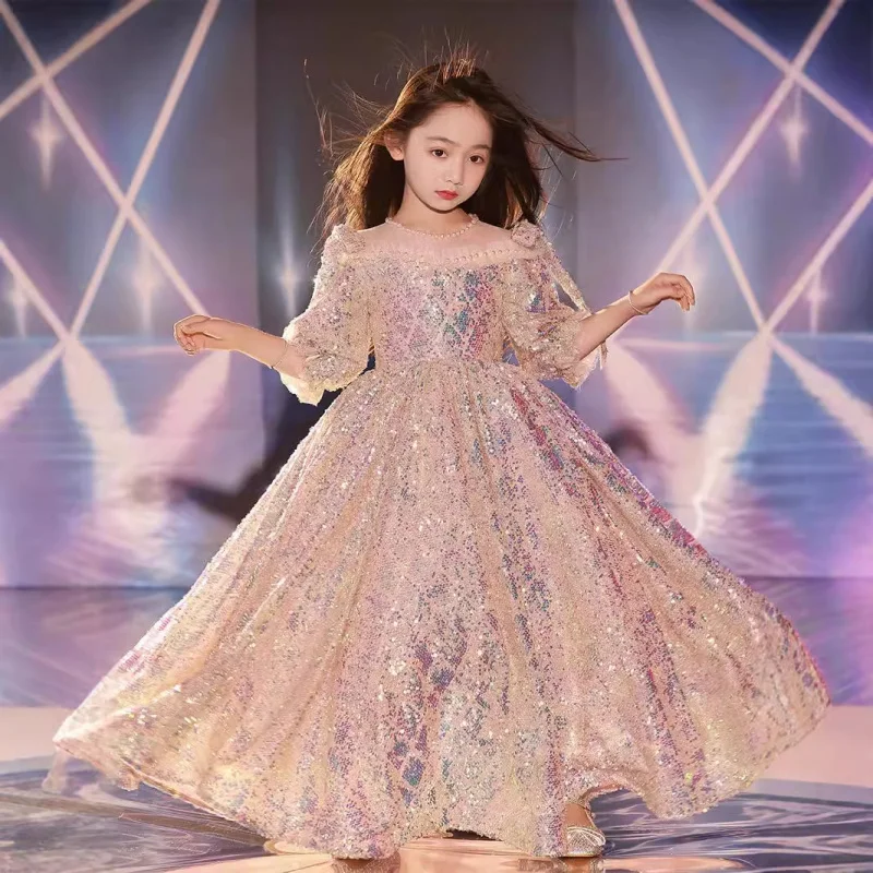 Girls Princess Host Light Luxury Niche Evening Sequin Catwalk Children Little Girl Piano Performance Dress Spring