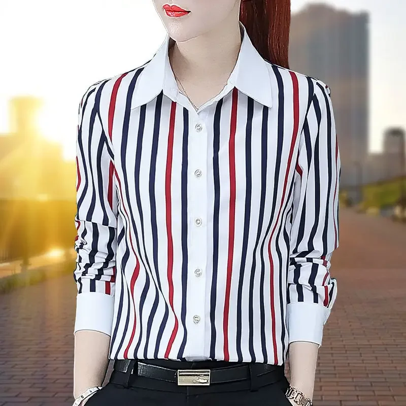 2023 Spring and Autumn Women\'s Polo Button Striped SlimCardigan Bottom Shirt Fashion Casual Elegant Commuter Long Sleeve Tops