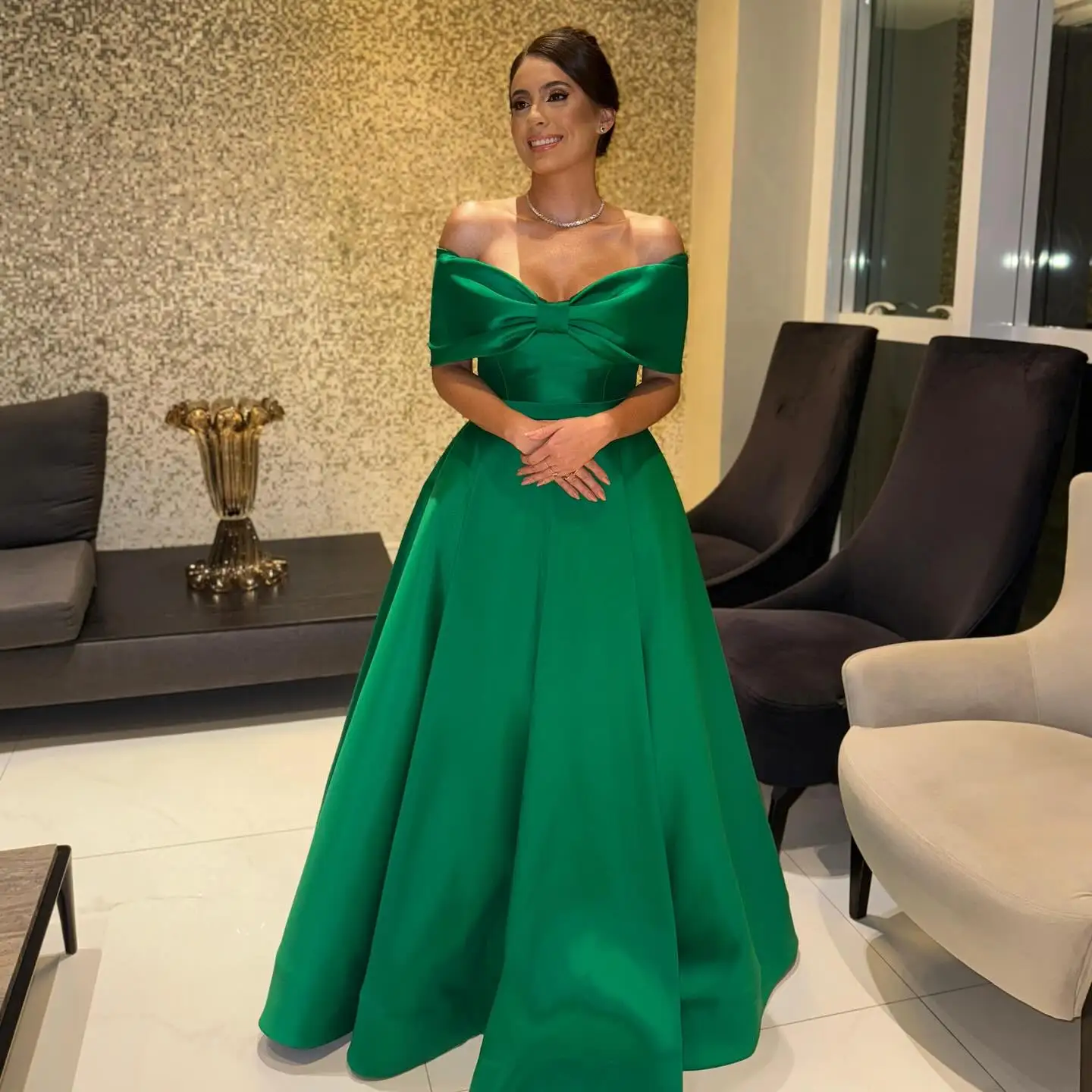 Customized   Graceful V-Neck Ribbons Off the Shoulder Evening Dress Classic Zipper Back Party Dress Modern A-Line Prom