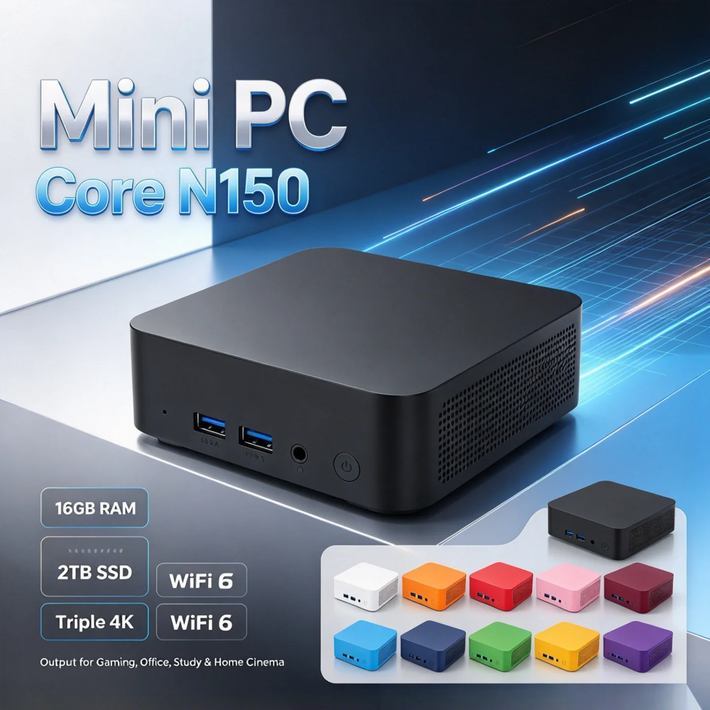 intel-core-n150搭載、オフィスや学習、ホームシアターに最適なトリプル4k出力対応コンパクトデスクトップpc。16gbメモリ、1tb-2tb-ssd、wi-fi-6対応。