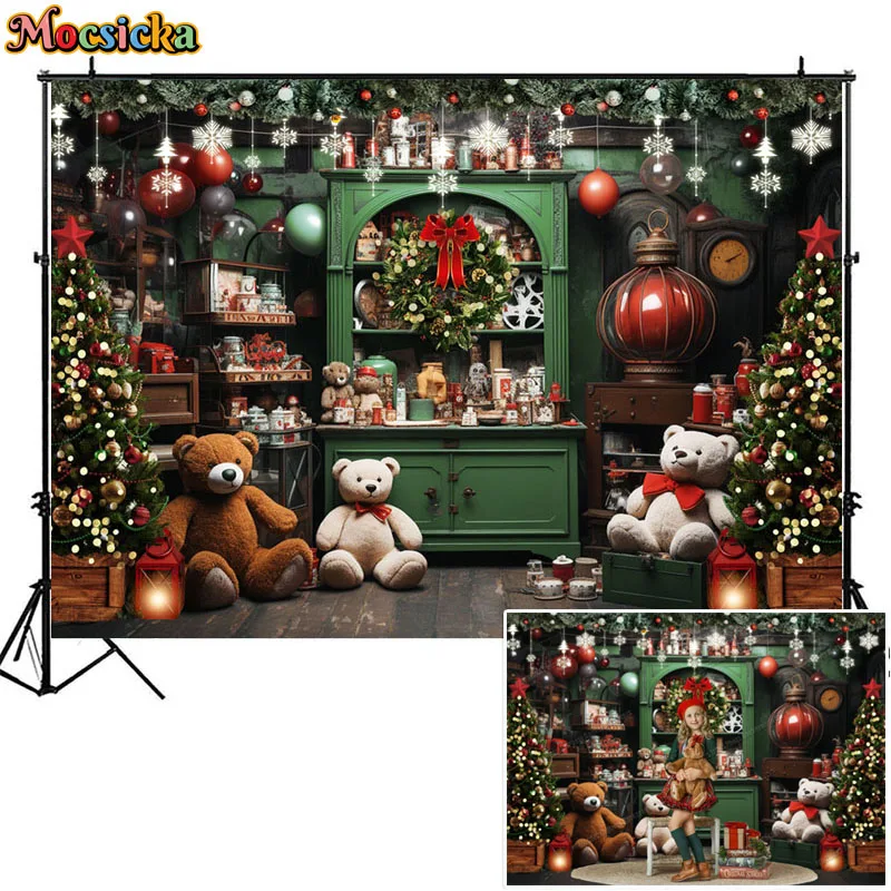 Christmas Toy Green Cupboard Bear Photography Backdrops Winter Xmas Tree Girl Birthday Portrait Cake Smash Background Photocall