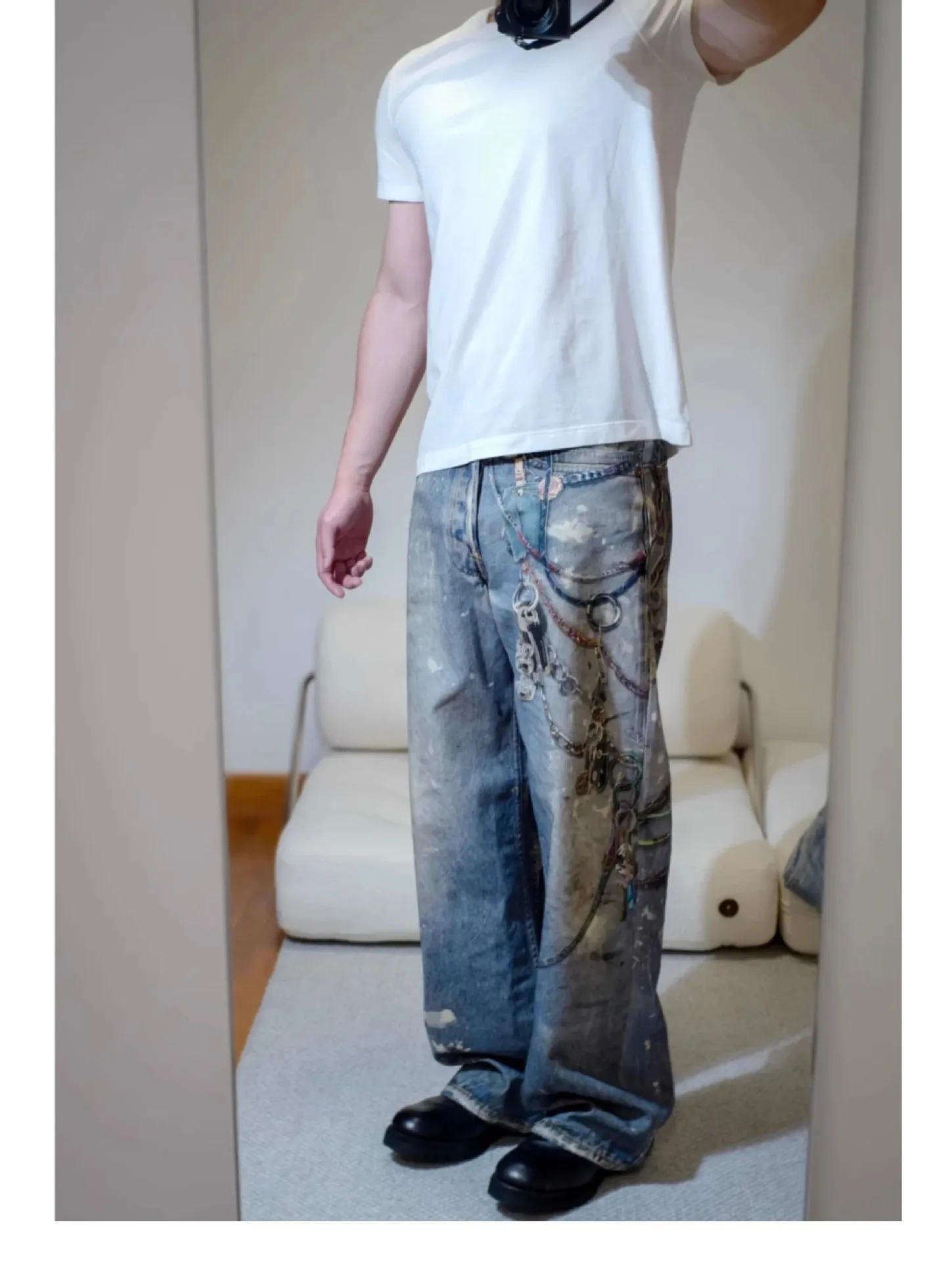 2025 New Men's 3D Chain Printed Baggy Jeans Autumn Casual Baggy Straight Denim Pants Women High Street Blue Wide-leg Y2K Jean