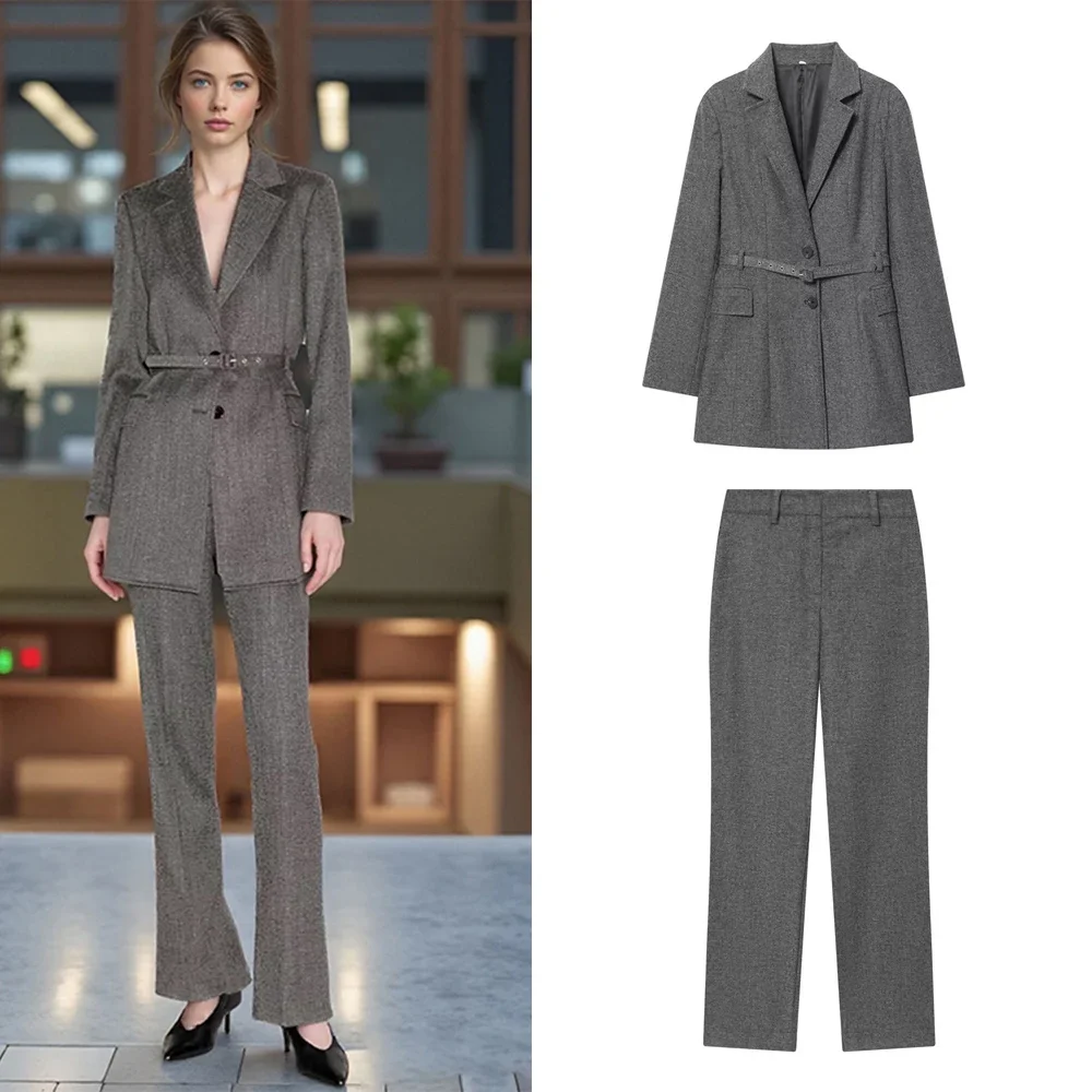 

Винтажный серый пиджак, комплект прямых брюк, женский шикарный офисный двубортный пиджак с лацканами, длинные брюки, женские комплекты, уличная одежда