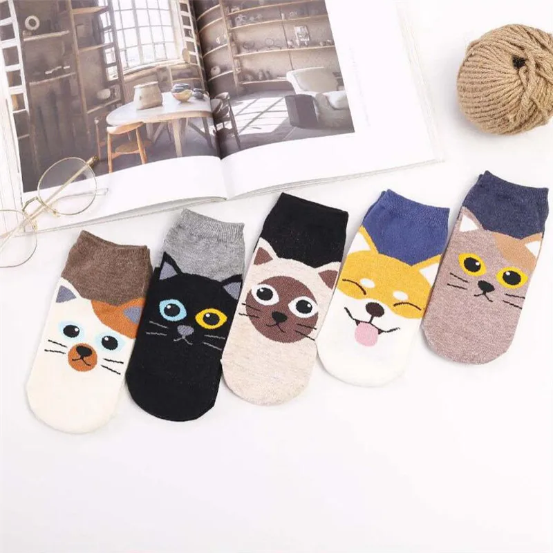 MYORED 5 double Korean cartoon animal female socks Cute cat dog casual straight breathable socks student socks boat socks